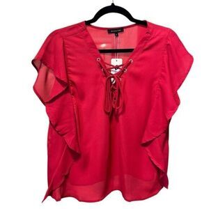 NWT Woven Pink Women’s Red V Neckl Short Sleeve Red Blouse - Ruffle - Size Large